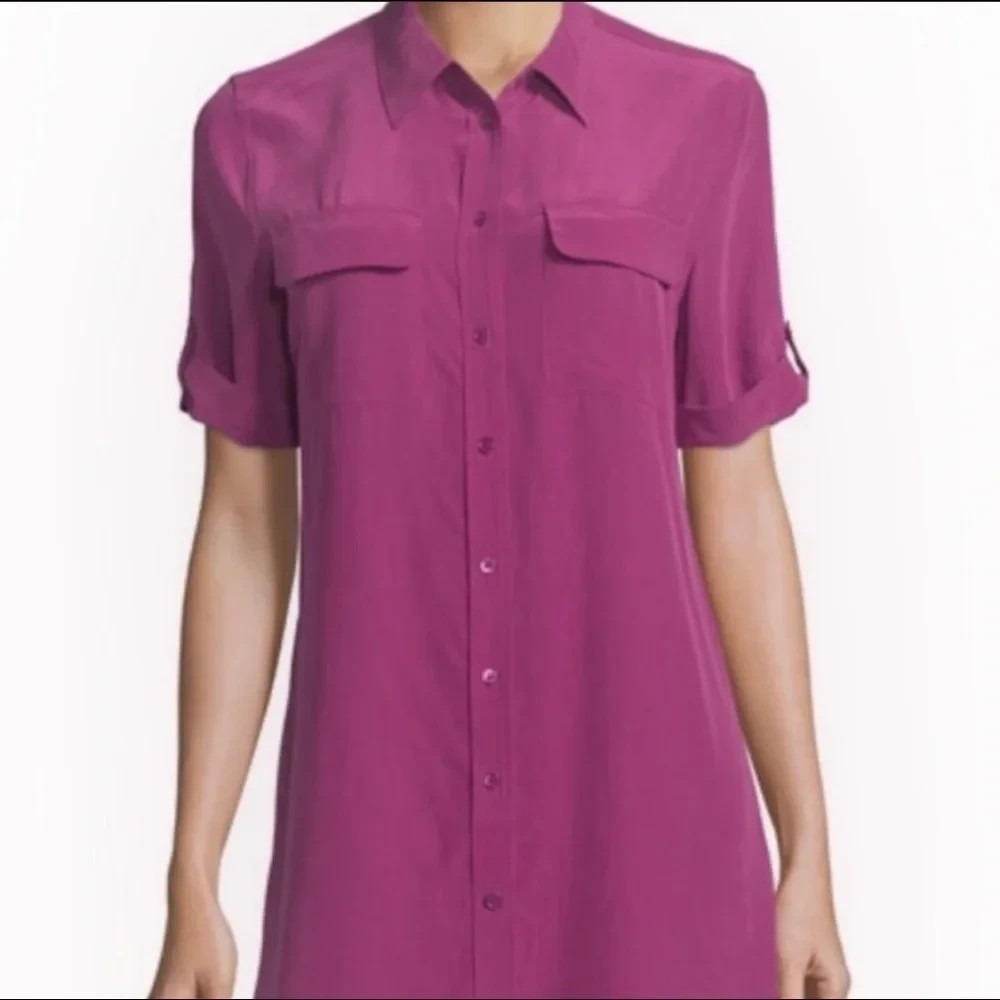 Equipment Femme Slim Signature Short-Sleeve Silk Shirt top Fuschia Sz S A011471